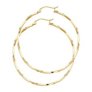 14k Yellow Gold Curled Hoop Earrings, 35mm Round, Clutch 1.35mm thick sq tube